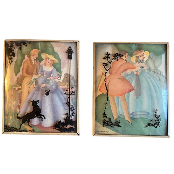 Antique Domed Silhouette Painted Convex Glass 4in x 5in Romantic Couple Dog Pair - Picture 1 of 5